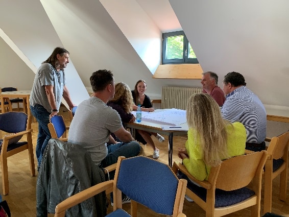 Mitarbeitende sitzen gemeinsam in einem Meeting und beschriften ein Plipchart was auf dem Tisch vor ihnen liegt