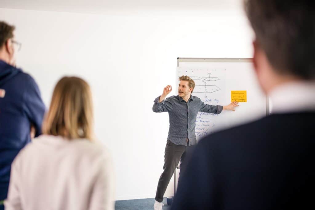 Ein CONTRACT-Berater zeigt am Whiteboard, wie Organisation für Produktionsteams in der Praxis funktioniert