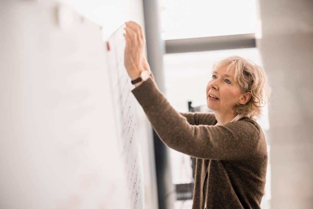 Eine CONTRACT-Beraterin erklärt am Whiteboard im Rahmen einer NPO-Beratung, wie sich Wandel strategisch gestalten lässt